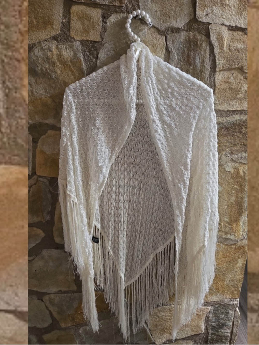 Vintage 70s Fringe Shawl Wrap | Boho Ivory Triangle Scarf
